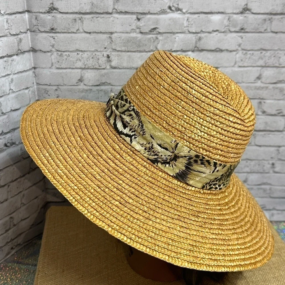 Womens Tan Straw Sun Hat Animal Print Accent Band Pearl Stick Pin Wide Brim Hat
